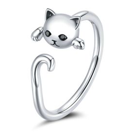 Cute Cat Shaped Black Gem Eye 925 Silver Plated Open Rings For Women Daily Casual Party Jewelry