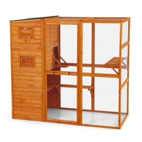 Large Wooden Cat Enclosure with Waterproof Roof and Platforms, Orange