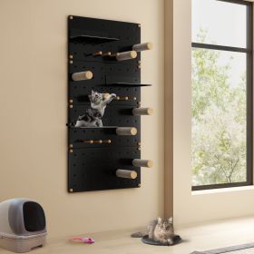 Wall-Mounted Cat Shelves and Steps, Floating Cat Tree on Pegboard, Cat Climber Set w/ Sisal Scratching Posts, jumping Platforms, Hanging Poles, Black