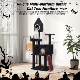 Gothic Cat Tree with Coffin Bed, 64in Black Cat Tower with Condo, Platform, Sisal Scratching Posts, Perch, Ramp, Toy, Cat Furniture