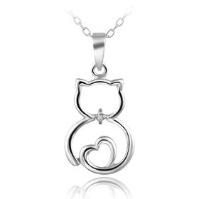 Sterling Silver Diamond Accent Heart Cat Necklace