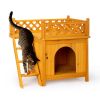 2-Story Wooden Feral Cat House Dog House for Outdoor and Indoor, Pet House with Stairs, Yellow