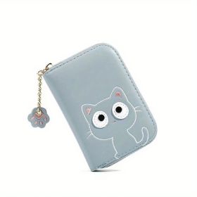 Kawaii Multi-card Slot Card Holder, Cute Cat Embroidered Coin Purse, Mini Zipper Short Wallet With Pendant (4.3*1.2*3)inch (Color: Blue)