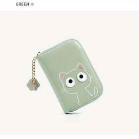 Kawaii Multi-card Slot Card Holder, Cute Cat Embroidered Coin Purse, Mini Zipper Short Wallet With Pendant (4.3*1.2*3)inch (Color: Green)