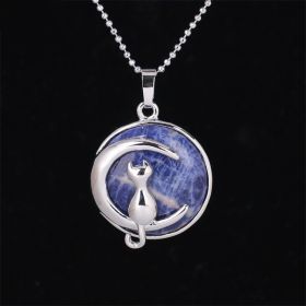 Simple Temperament Cute Moon Cat Pendant Necklace (Color: Sapphire)