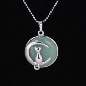 Simple Temperament Cute Moon Cat Pendant Necklace (Color: Green Aventurine)