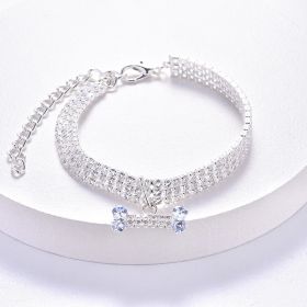 Necklace Cat Dog Three Row Rhinestone Zircon Bone Ornament Pet Collar (Color: Silver, size: M)