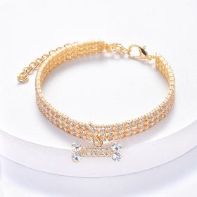 Necklace Cat Dog Three Row Rhinestone Zircon Bone Ornament Pet Collar (Color: Golden, size: L)