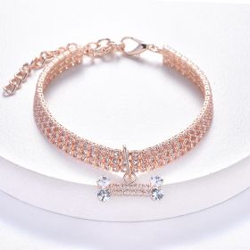 Necklace Cat Dog Three Row Rhinestone Zircon Bone Ornament Pet Collar (Color: Rose Gold, size: S)