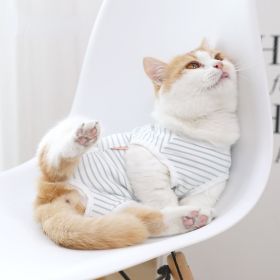 Cats' clothes all year round thin weaning;  anti licking;  anti biting and breathable nursing clothes (Color: Cotton blue and white strip nursing clothes, size: M-back length 24cm)