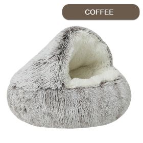 Luxurious Plush Round Cat Bed Cat Bed Round Soft Plush Burrowing Cave Hooded Cat Bed Donut For Dogs Cats - Semi-Enclosed For Cozy Warmth (Color: Coffee, size: 50CM)