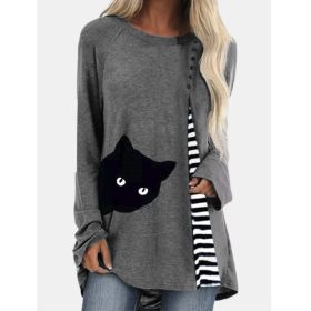 New products for autumn and winter women's tops cat print stitching long-sleeved round neck top (Color: gray, size: L)