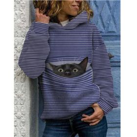 Fashion Women's New Product Sweater Cat Print Striped Hooded Casual Hoodie (Color: purple, size: XL)