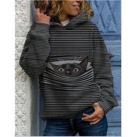 Fashion Women's New Product Sweater Cat Print Striped Hooded Casual Hoodie (Color: Black, size: S)