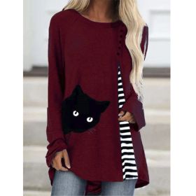 New products for autumn and winter women's tops cat print stitching long-sleeved round neck top (Color: Burgundy, size: M)