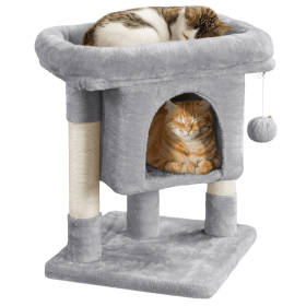 2-Level Cat Tree Kitten Condo House with Plush Perch (Color: Light Gray)