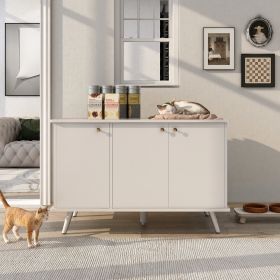 Litter Box Enclosure, Cat Litter Box Furniture with Hidden Plug, 3 Doors,Indoor Cat Washroom Storage Bench Side Table Cat House (Color: White)