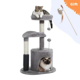 Small Cat Tree for Indoor Cats, Medium Cat Tower with Interactive Cat Toy, 32.7" Cat Condo with Self Groomer Brush, Natural Cat Scratching Post (Color: as picture)