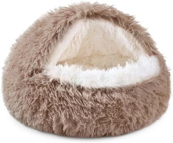 Cat Bed Round Soft Plush Burrowing Cave Hooded Cat Bed Donut for Dogs & Cats, Faux Fur Cuddler Round Comfortable Self Warming pet Bed (Color: Brown, size: 20 'for cat up to 15 lbs)