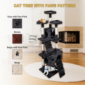 Multi-Level Cat Tree Tower House with Play Tunnel and Dangling Interactive Toy (Color: Grey With Paw print)