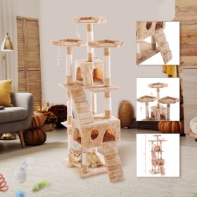 Multi-Level Cat Tree Tower House with Play Tunnel and Dangling Interactive Toy (Color: Beige)